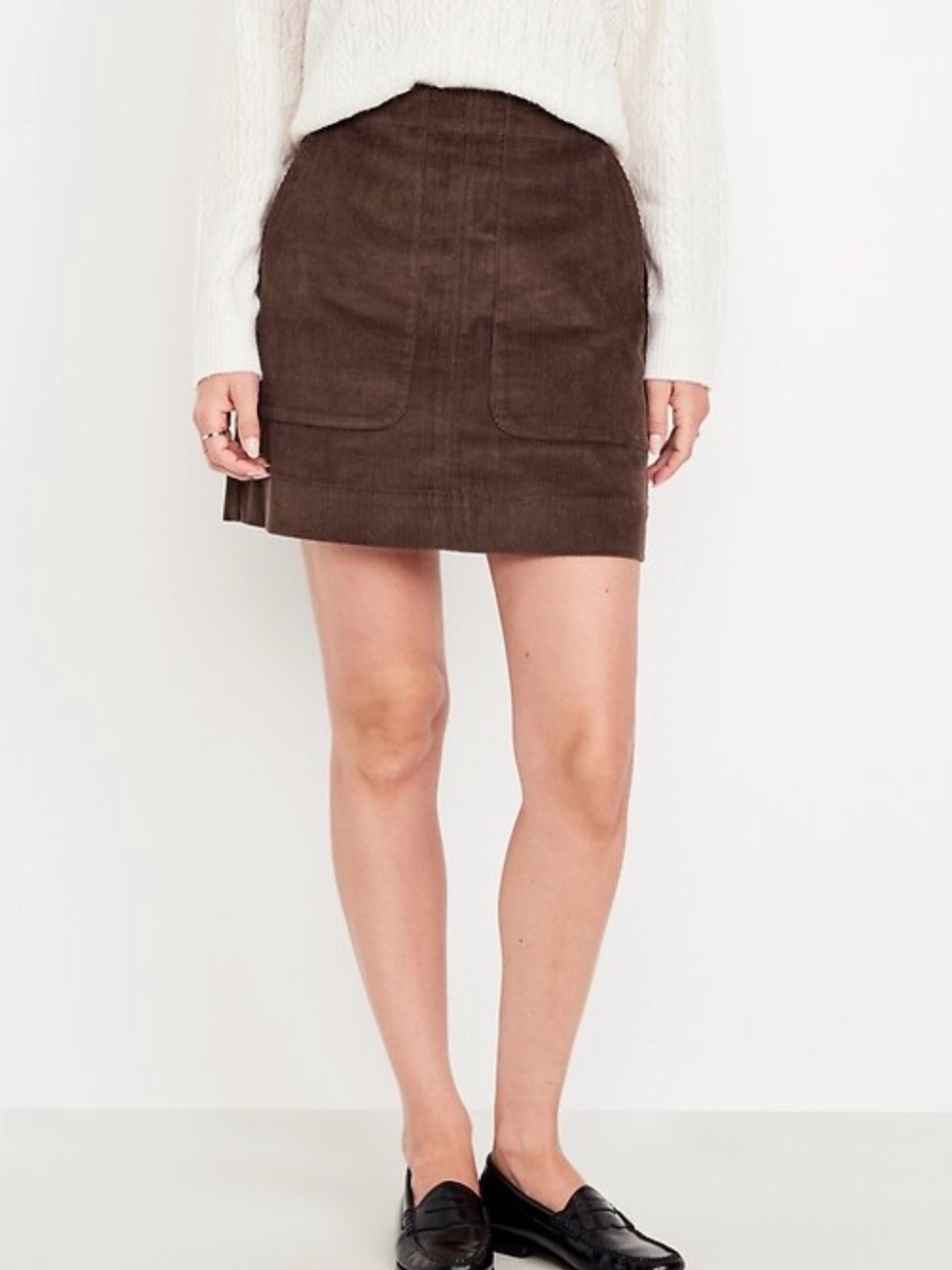 Brown Corduroy Mini Skirt with Front Patch Pockets